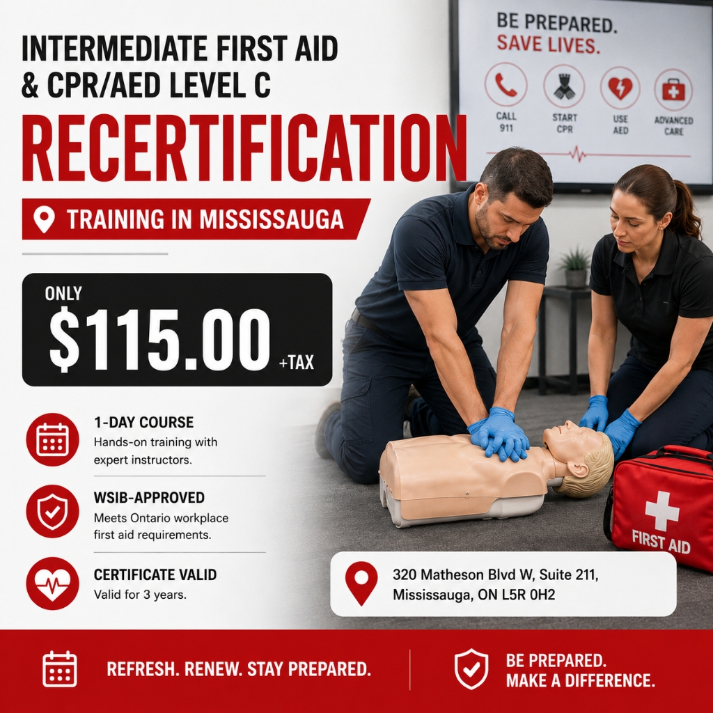 Intermediate First Aid and CPRAED Level C Recertification in Mississauga 01 Intermediate First Aid and CPRAED Level C Recertification in Mississauga 01